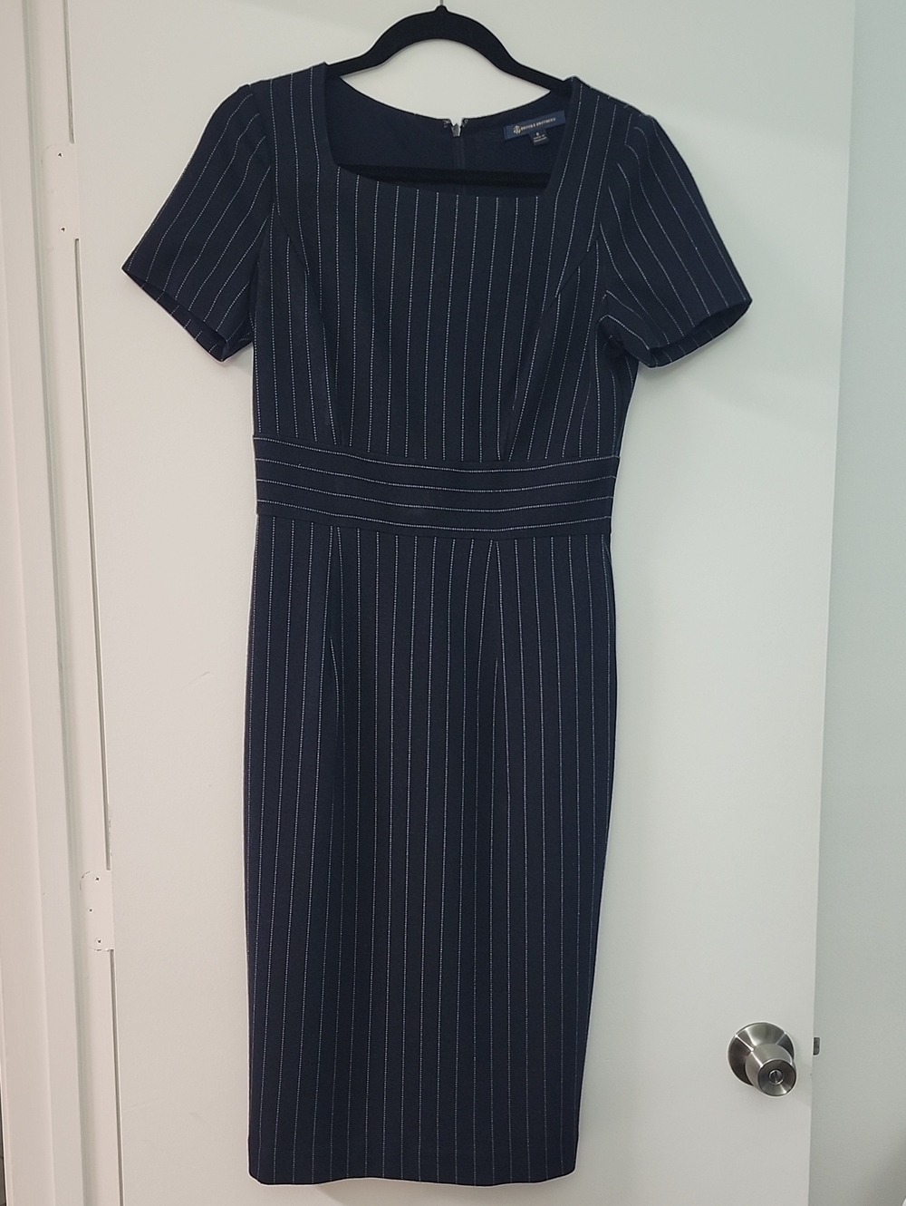 Brooks Brothers Navy Pinstripe Square Neck Sheath Midi Dress